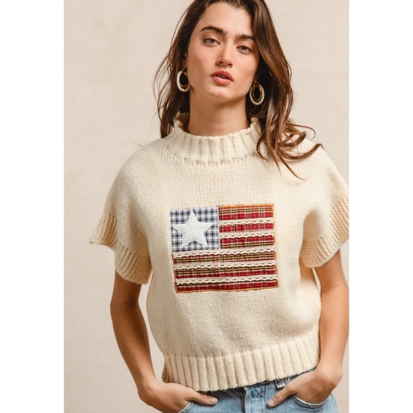 "The Veronica" American Flag Patchwork Drop Shoulder Sweater - Picture 1 of 5